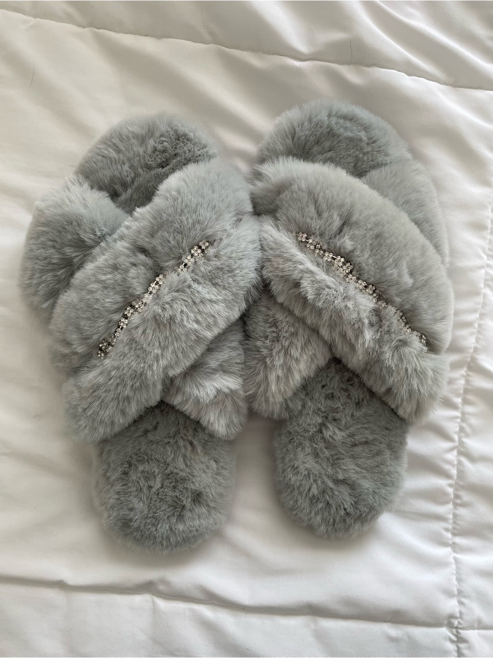 Express Light Gray Faux Fur Cross-Band Slippers with Crystal Detail